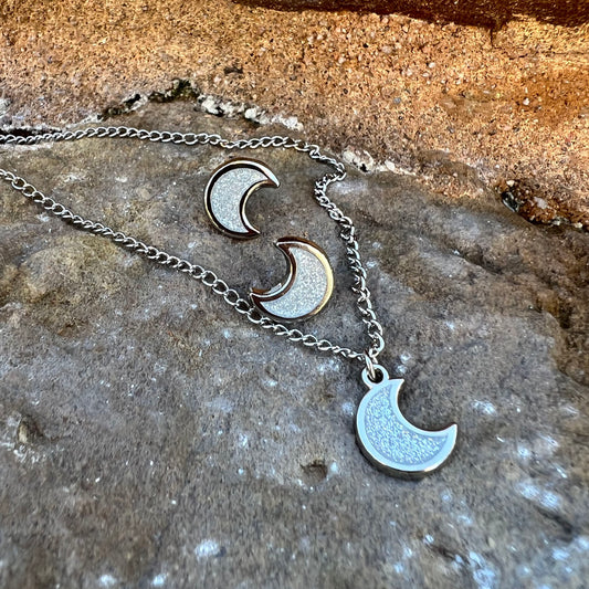 Silver glitter moon earring and necklace set