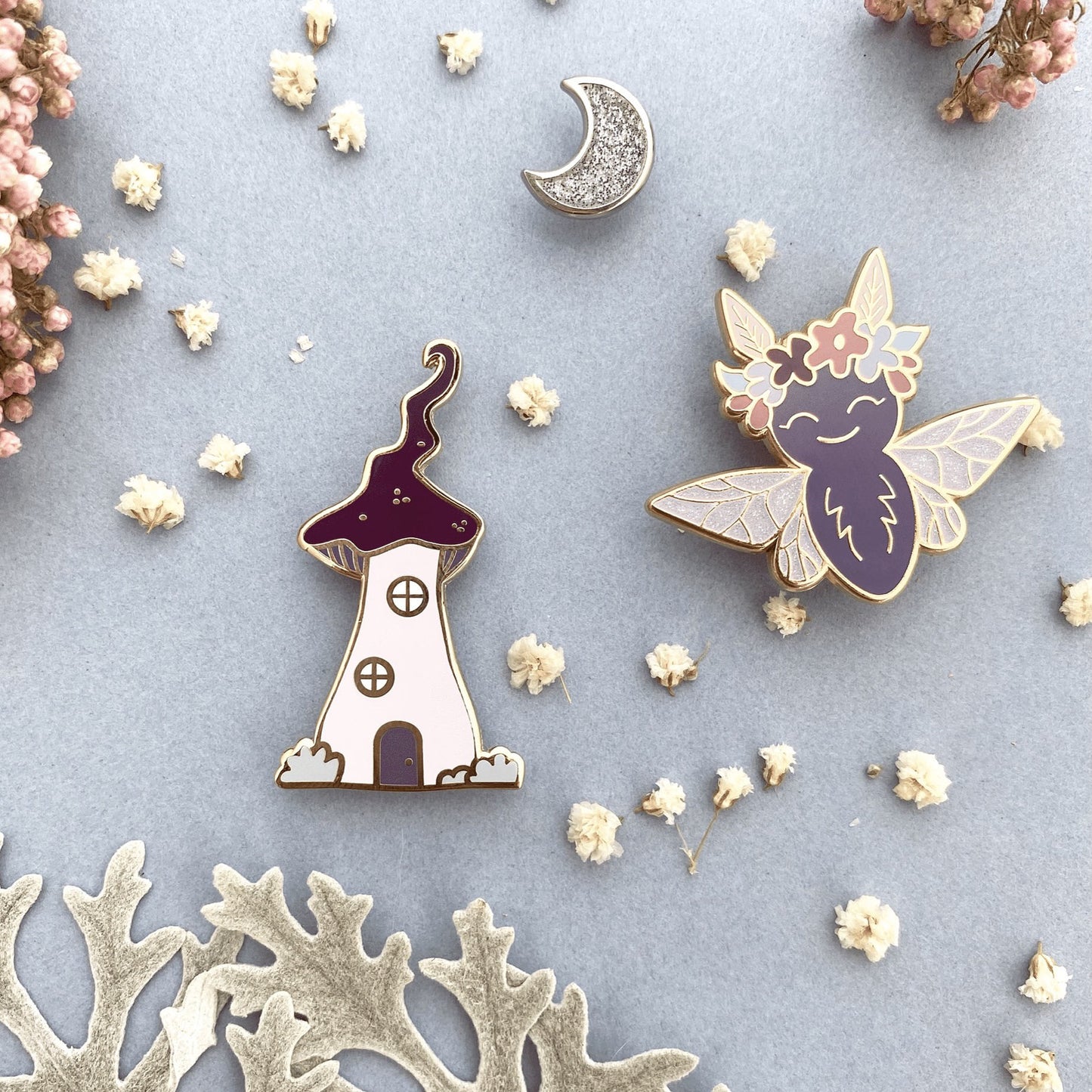 Winter moth fairy enamel pin