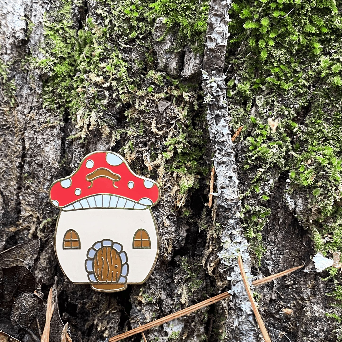 Mushroom house enamel pin