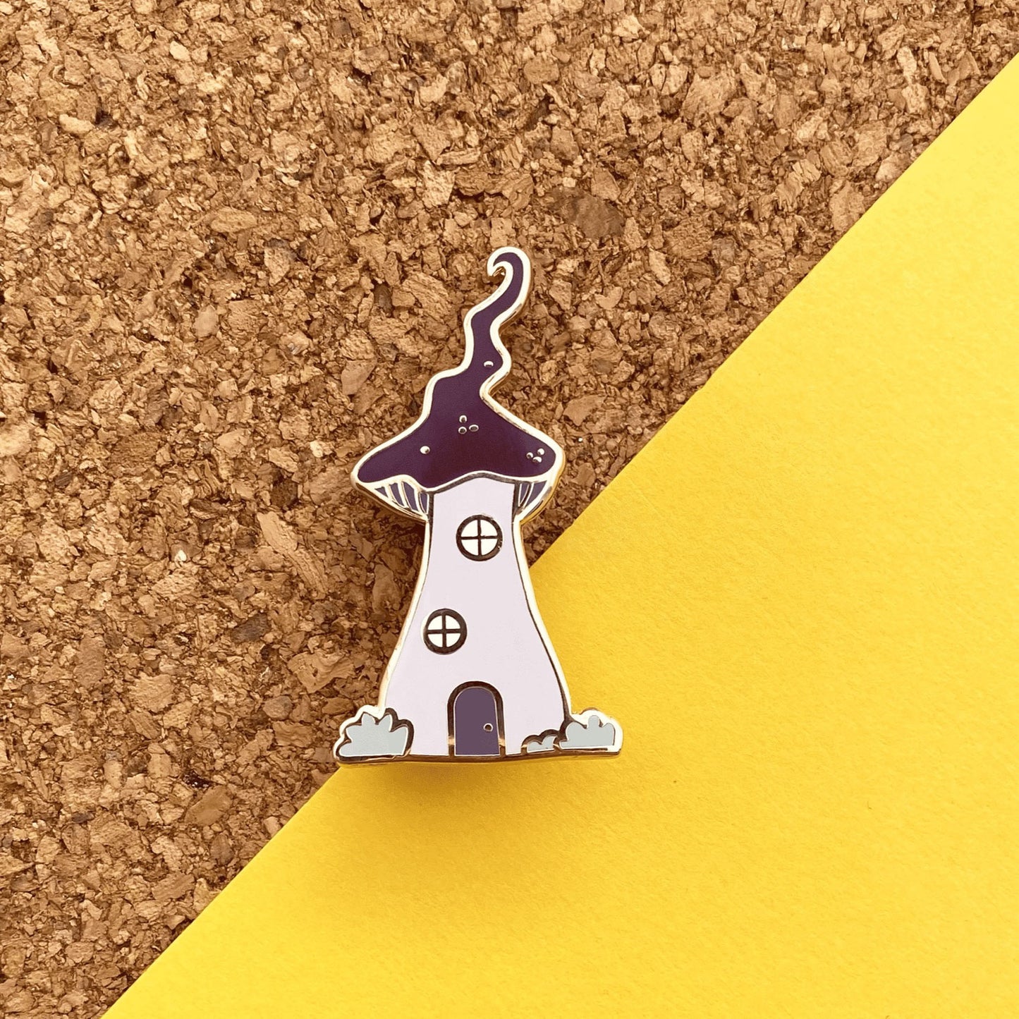 Winter mushroom house enamel pin