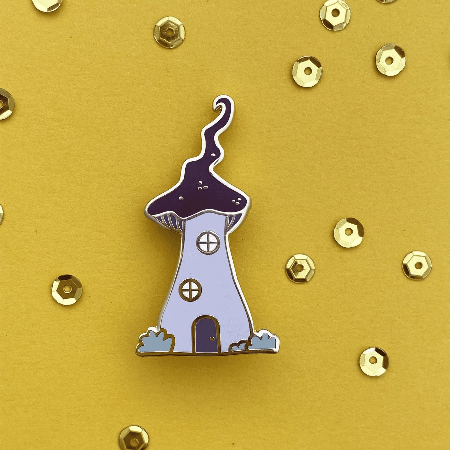 Winter mushroom house enamel pin